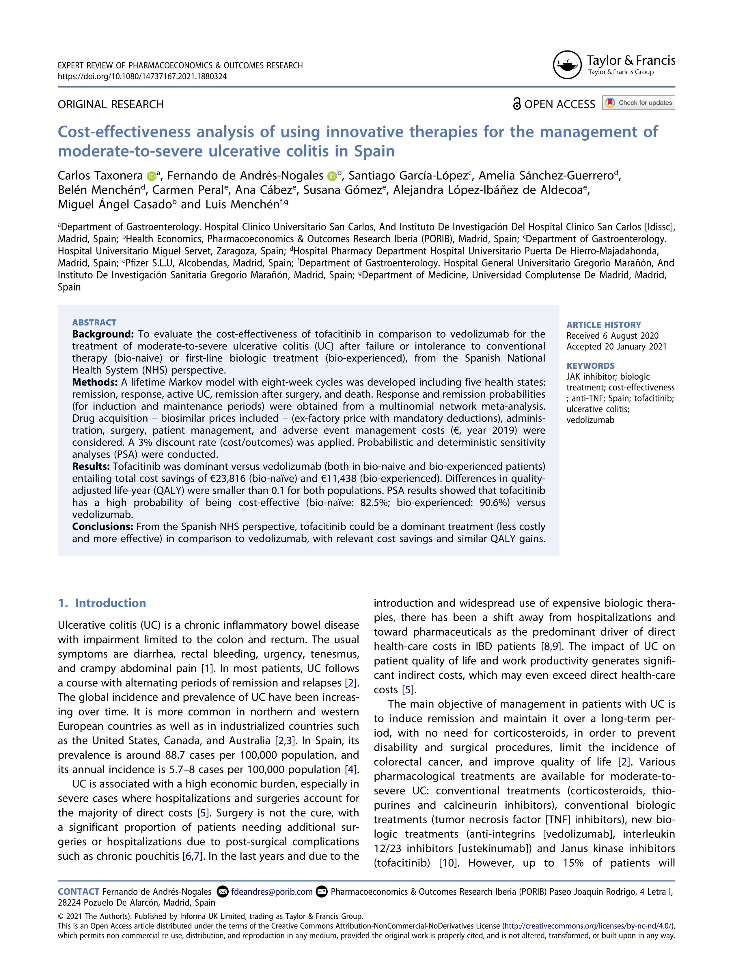 Cost-effectiveness analysis of using innovative therapies for the management of moderate-to-severe ulcerative colitis in Spain