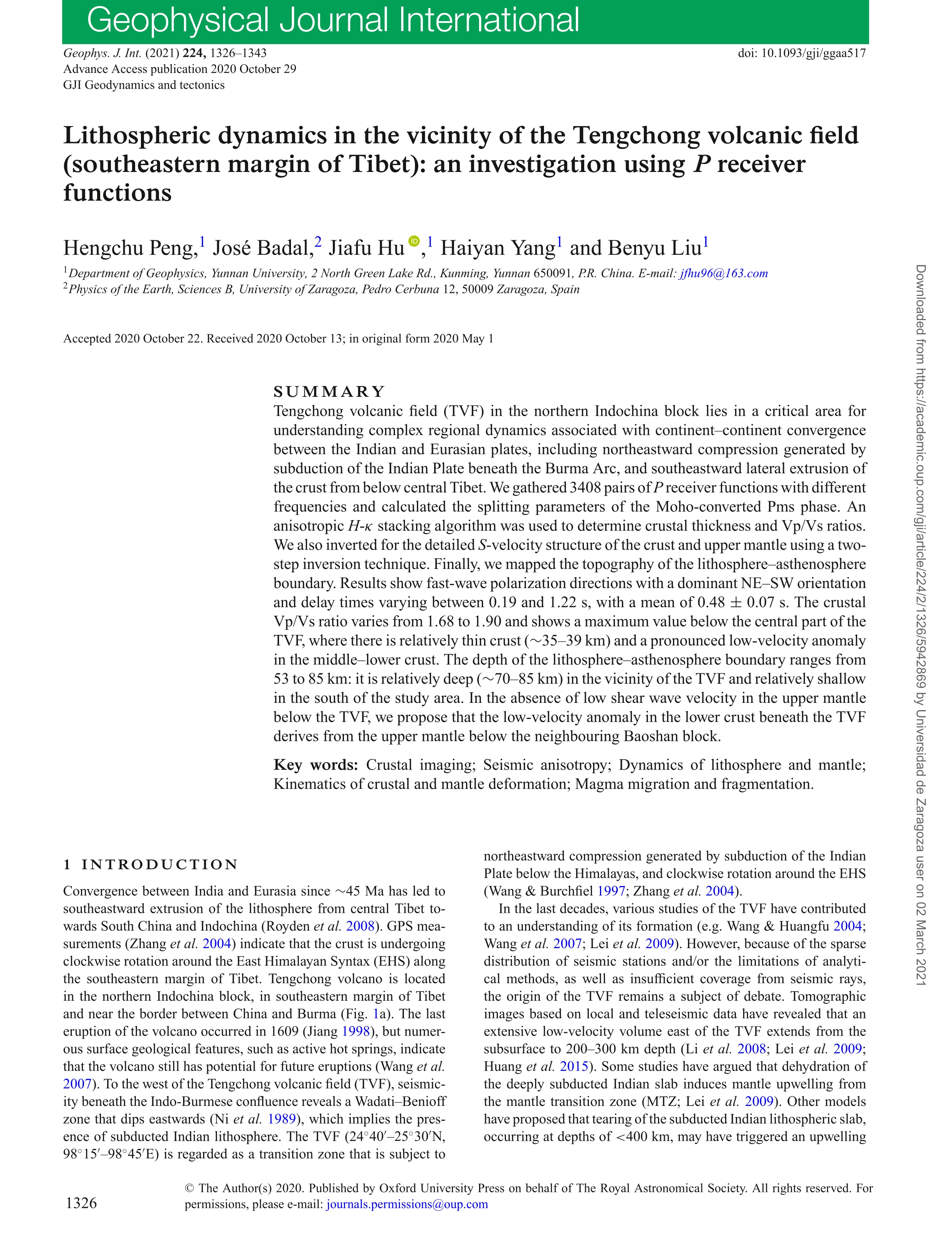 Lithospheric dynamics in the vicinity of the Tengchong volcanic field (southeastern margin of Tibet): An investigation using P receiver functions