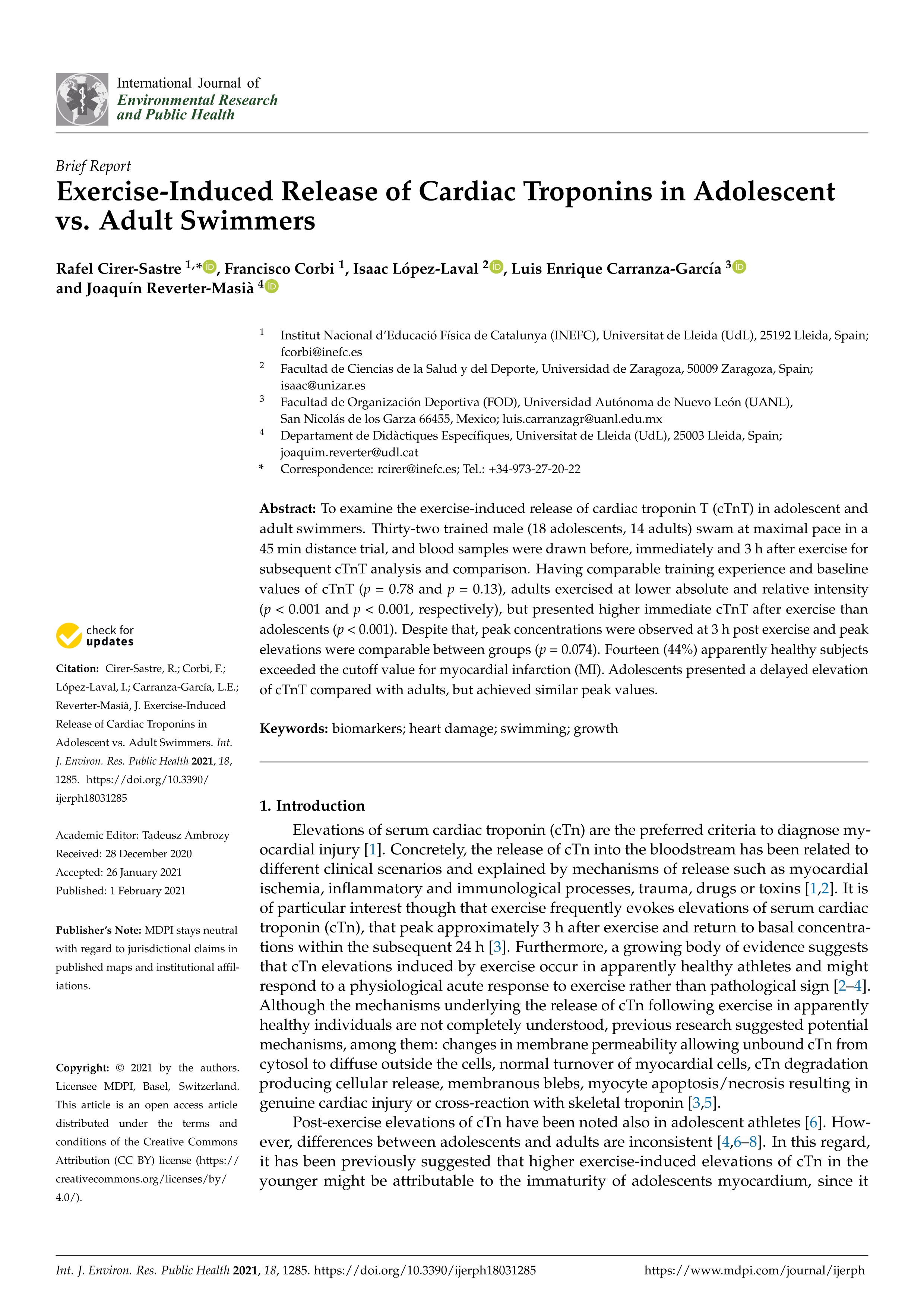 Exercise-induced release of cardiac troponins in adolescent vs. Adult swimmers