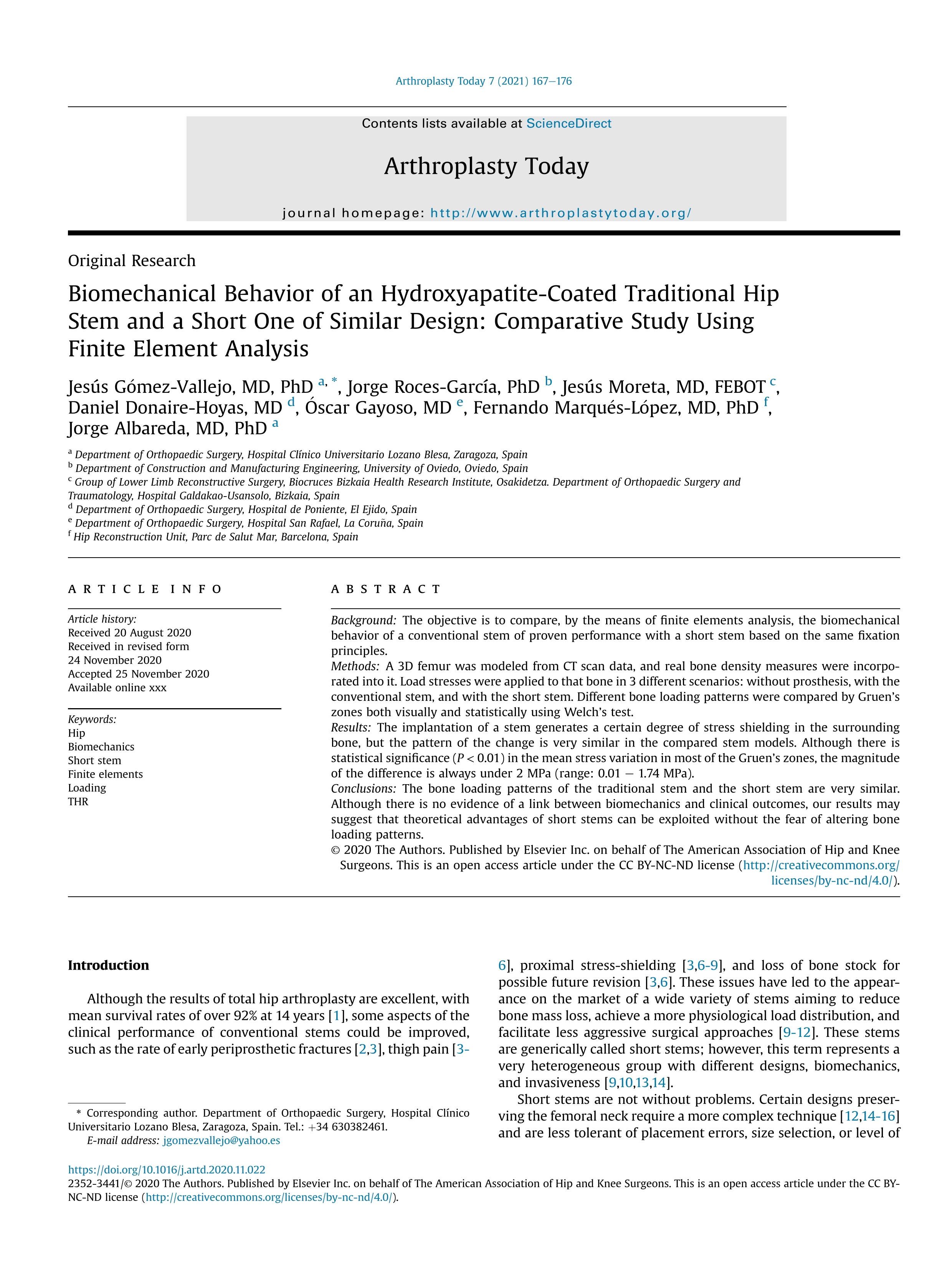 Biomechanical Behavior of an Hydroxyapatite-Coated Traditional Hip Stem and a Short One of Similar Design: Comparative Study Using Finite Element Analysis