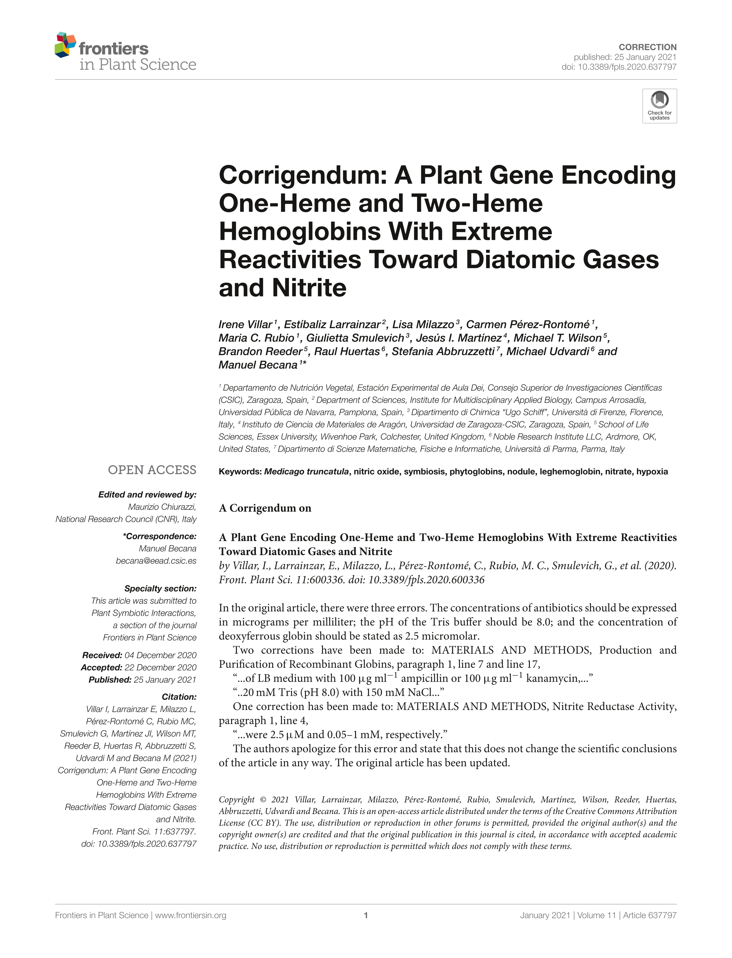 Corrigendum: A Plant Gene Encoding One-Heme and Two-Heme Hemoglobins With Extreme Reactivities Toward Diatomic Gases and Nitrite (Front. Plant Sci, (2020), 11, (600336), 10.3389/fpls.2020.600336)