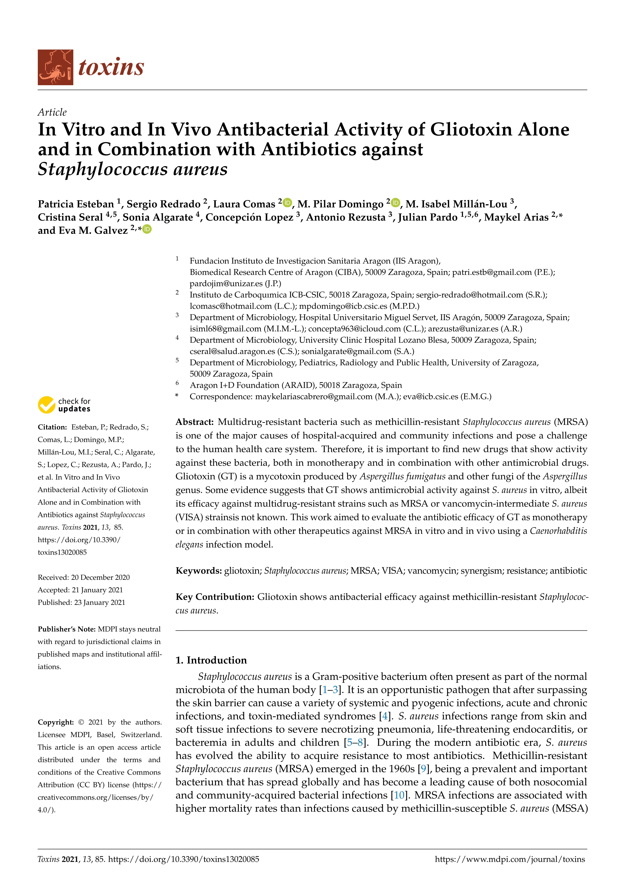 In Vitro and In Vivo Antibacterial Activity of Gliotoxin Alone and in Combination with Antibiotics against Staphylococcus aureus