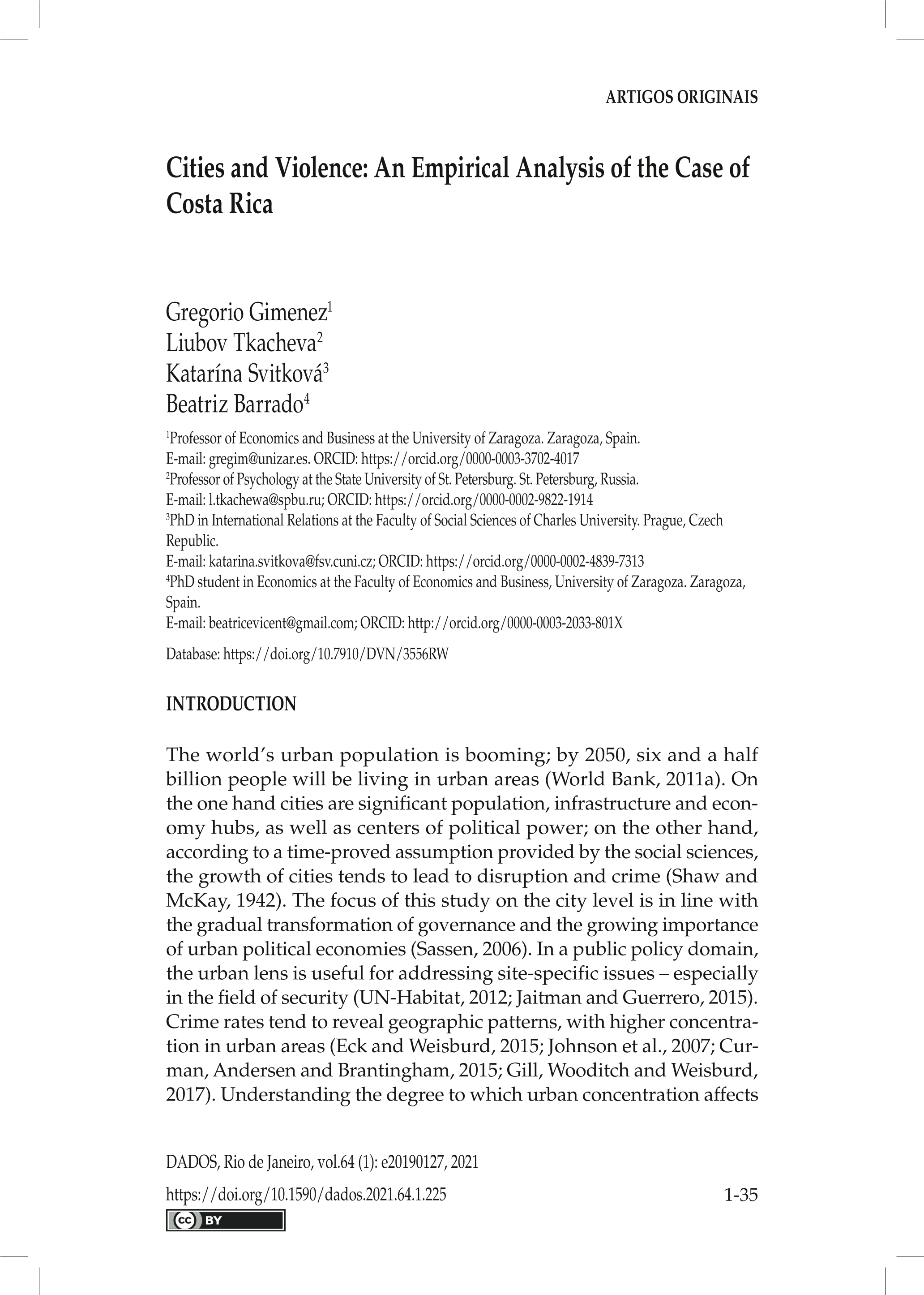 Cities and Violence: An Empirical Analysis of the Case of Costa Rica