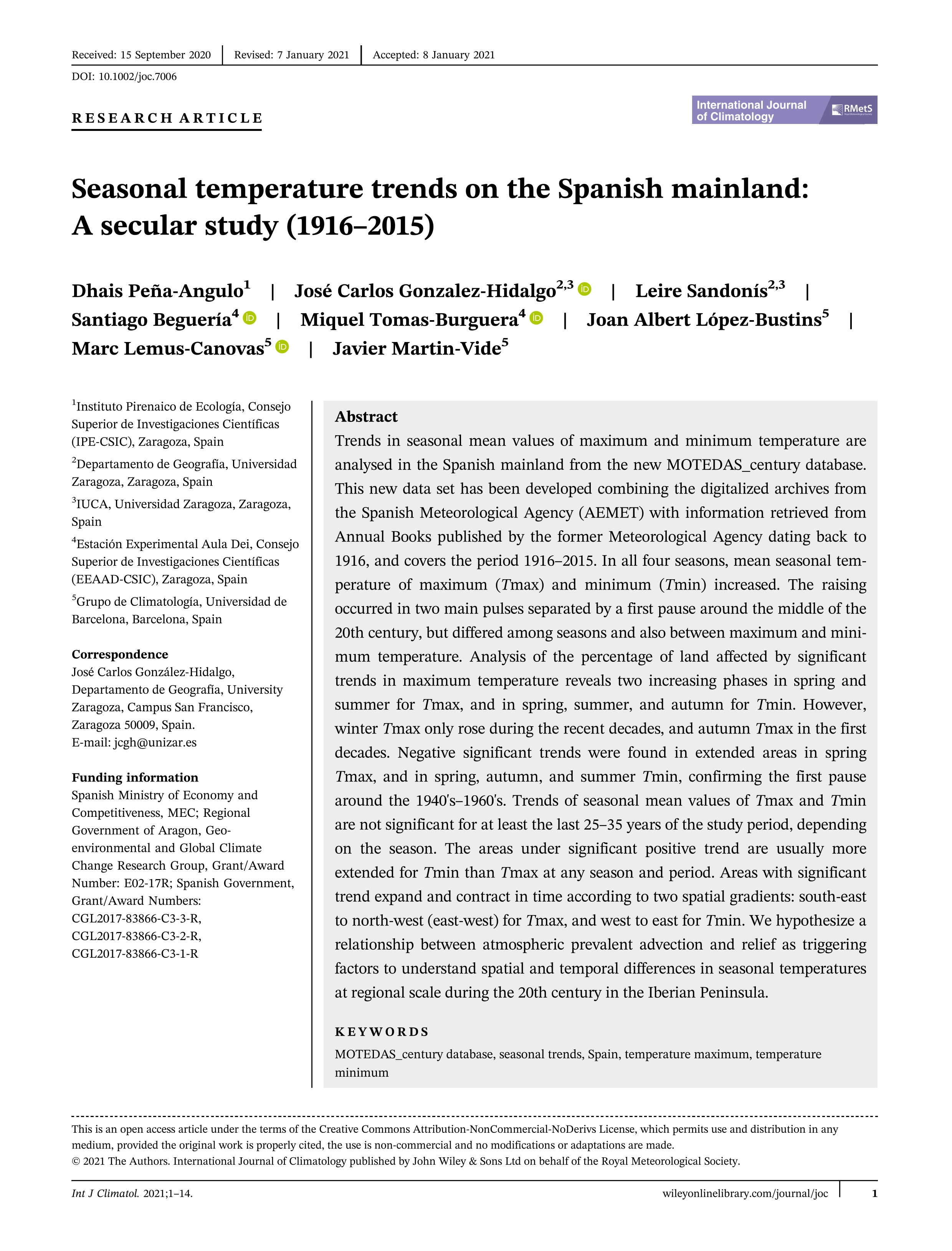 Seasonal temperature trends on the Spanish mainland: A secular study (1916–2015)