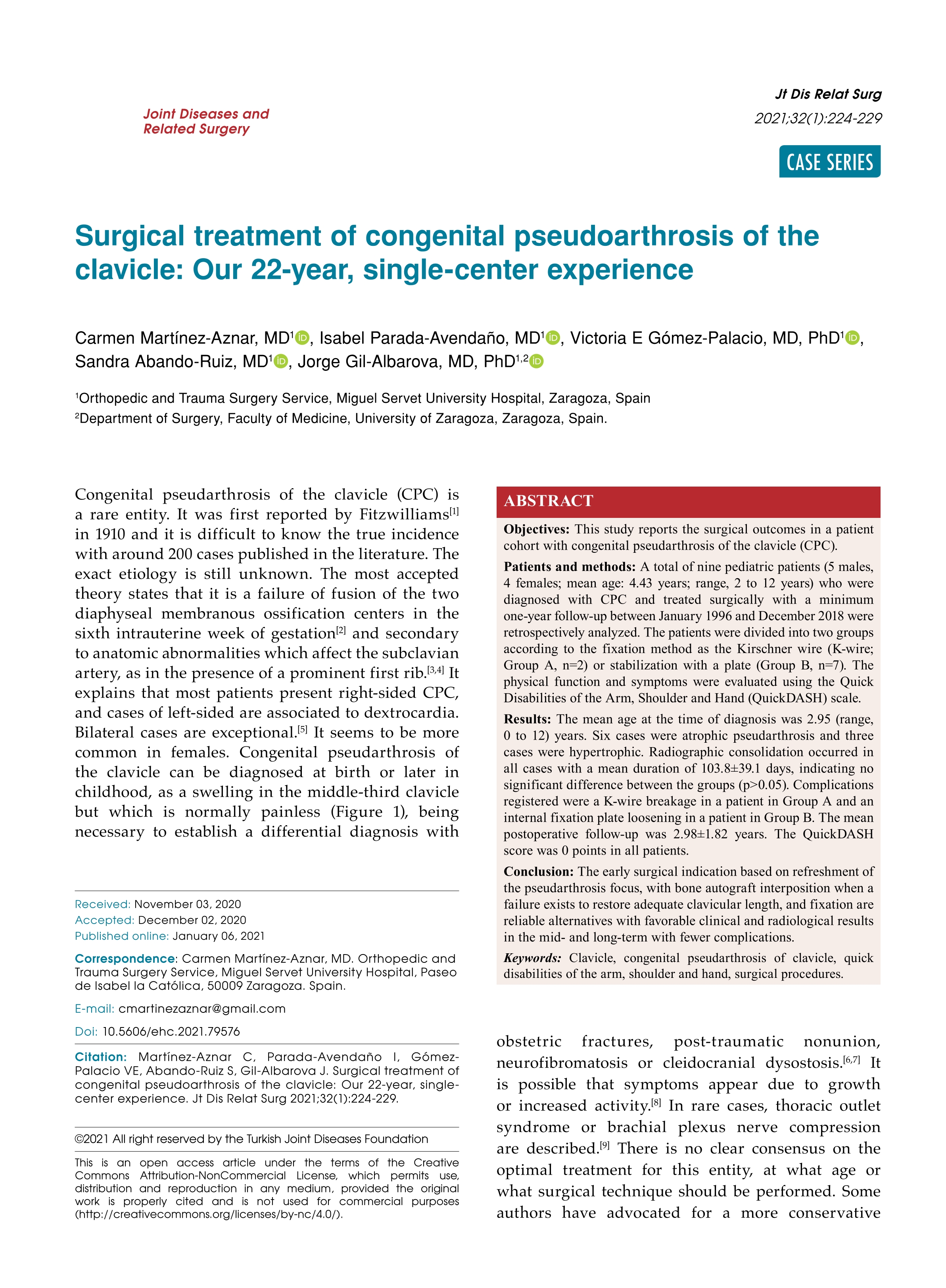 Surgical treatment of congenital pseudoarthrosis of the clavicle: Our 22-year, single-center experience