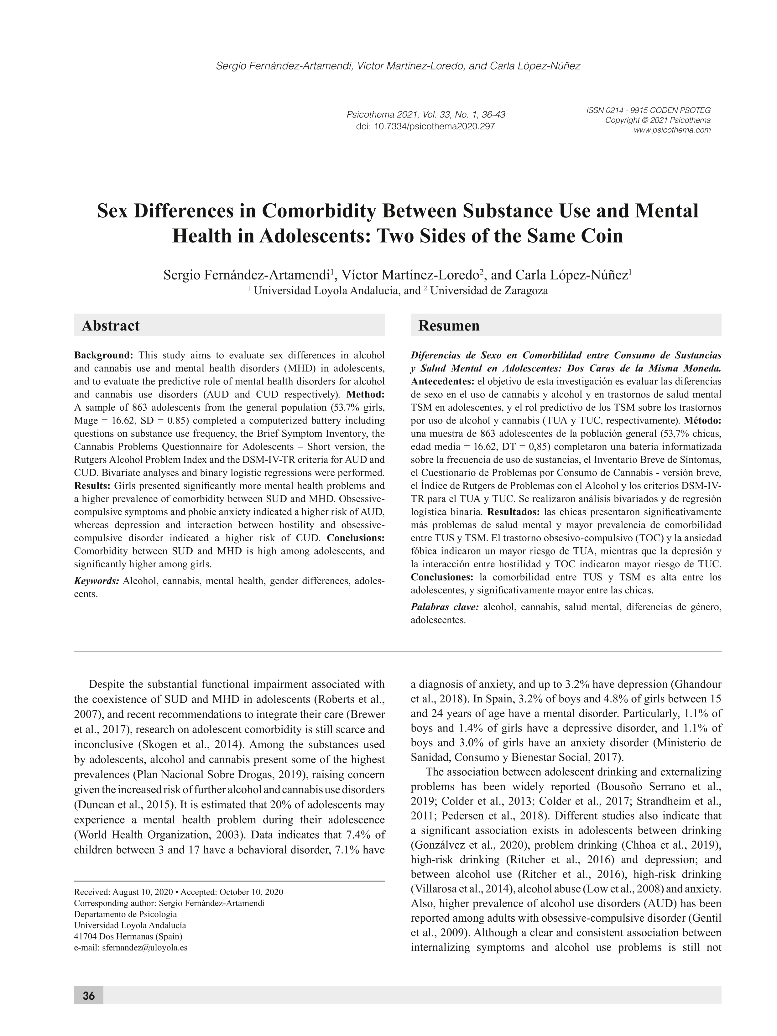 Sex differences in comorbidity between substance use and mental health in adolescents: Two sides of the same coin