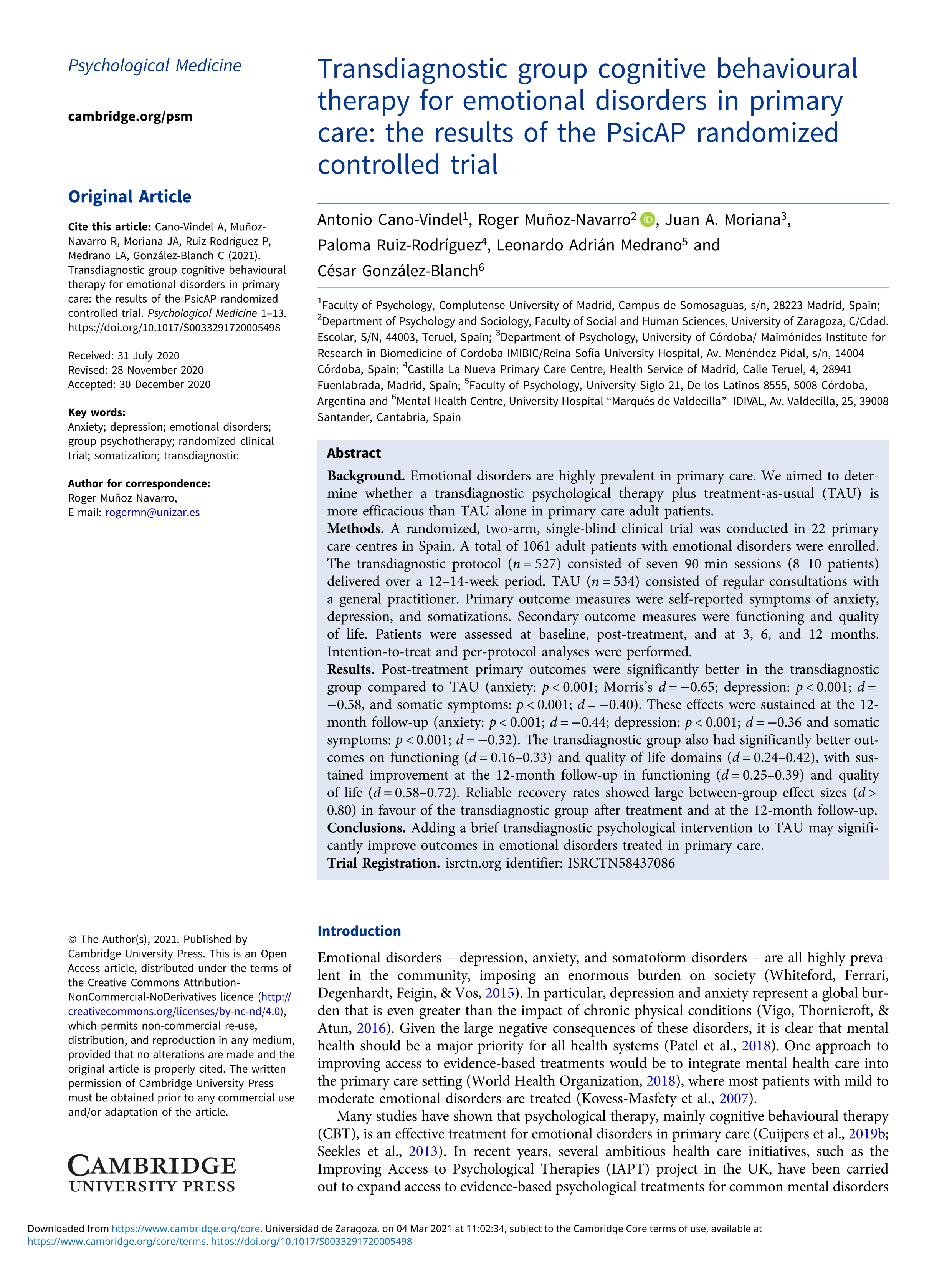 Transdiagnostic group cognitive behavioural therapy for emotional disorders in primary care: The results of the PsicAP randomized controlled trial