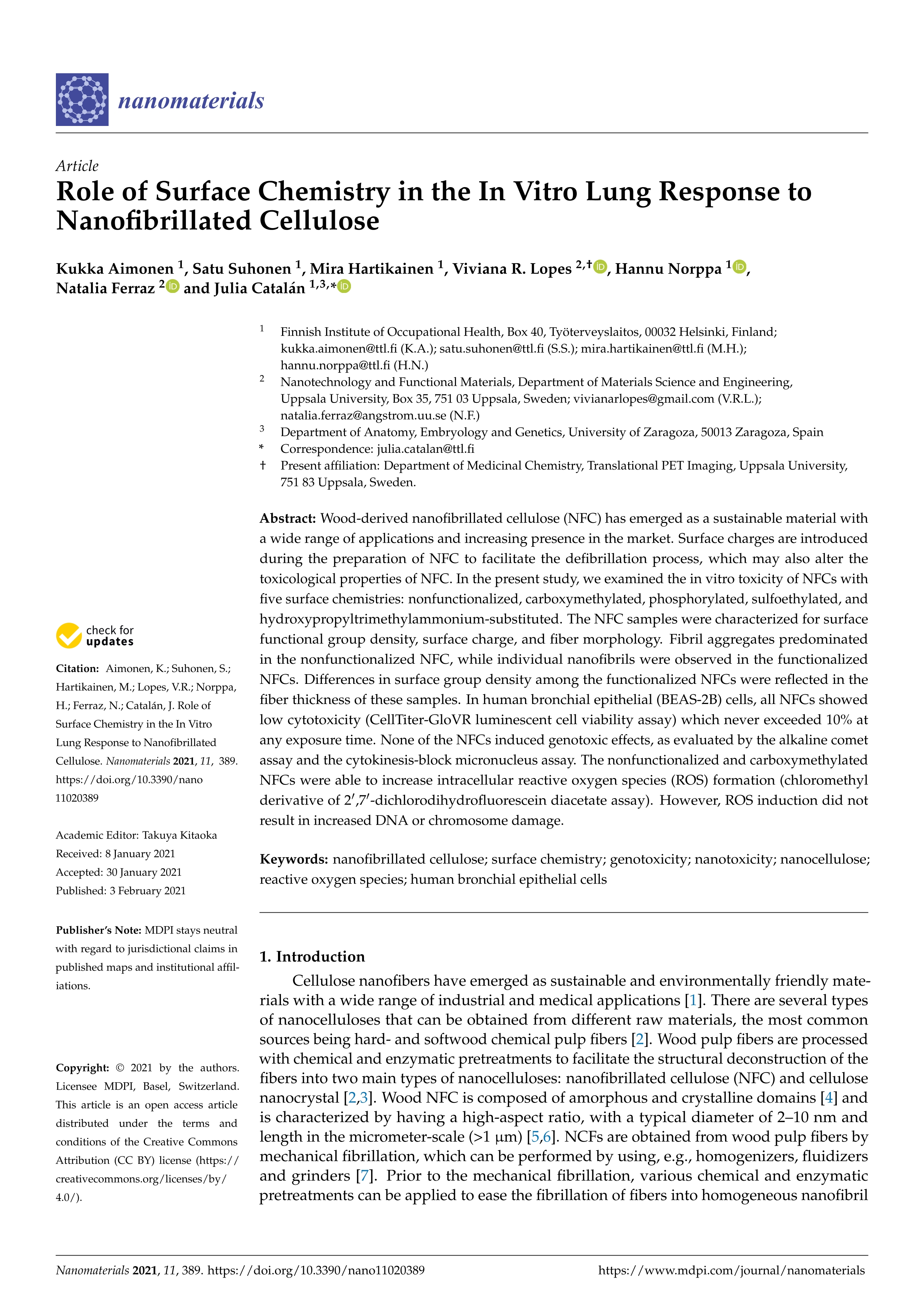 Role of surface chemistry in the in vitro lung response to nanofibrillated cellulose