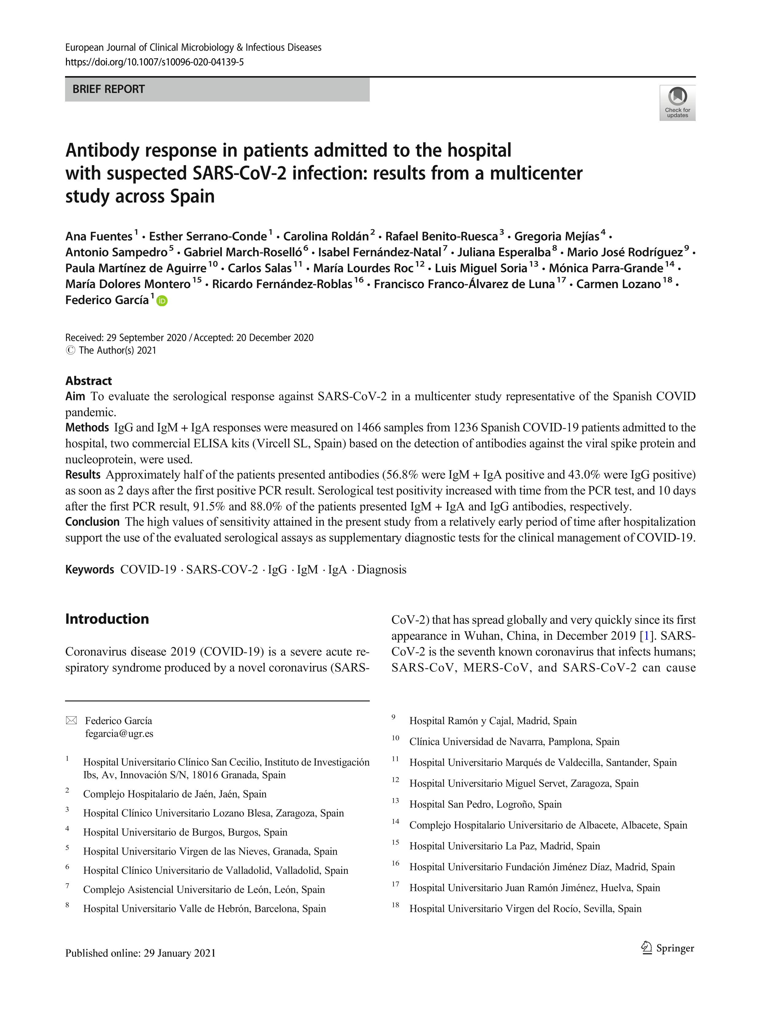 Antibody response in patients admitted to the hospital with suspected SARS-CoV-2 infection: results from a multicenter study across Spain