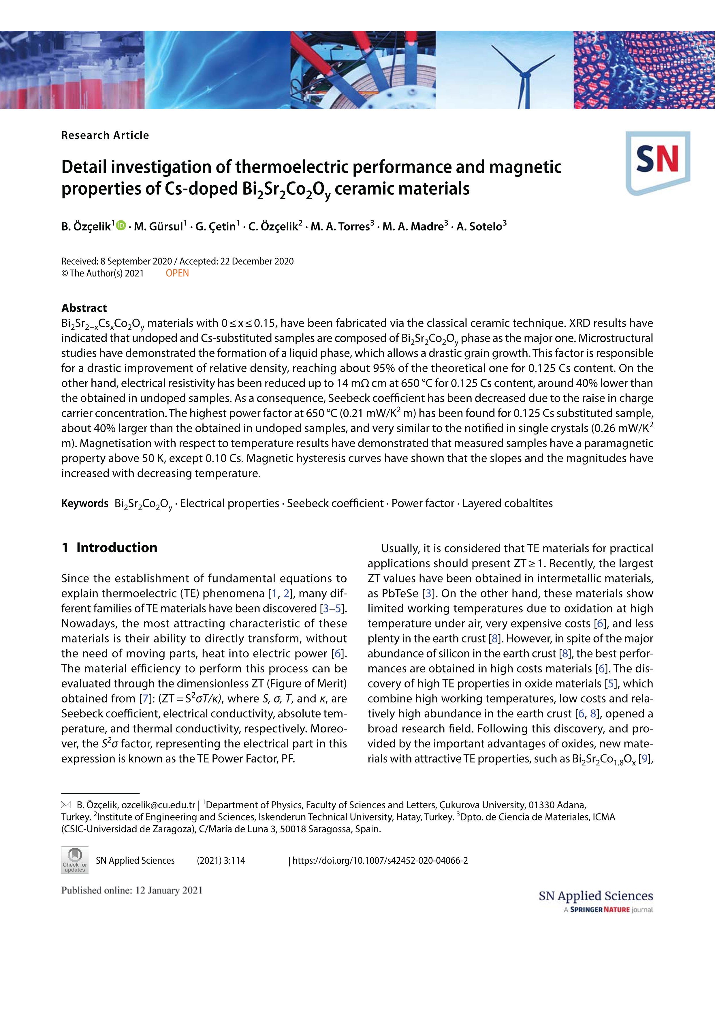 Detail investigation of thermoelectric performance and magnetic properties of Cs-doped Bi2Sr2Co2Oy ceramic materials